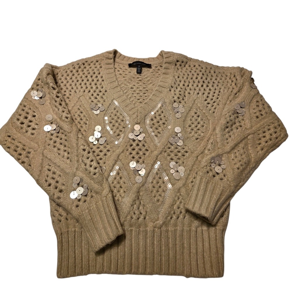 White House Black Market Sequin Cable Knit Sweater Women M Tan Excellent V-Neck